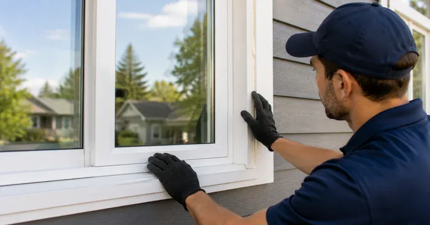 technician comparing full-frame and retrofit window replacement options in Lower Doon, Kitchener