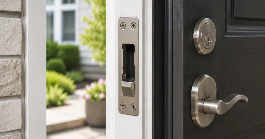 technician repairing a split door jamb near the strike plate in Kitchener
