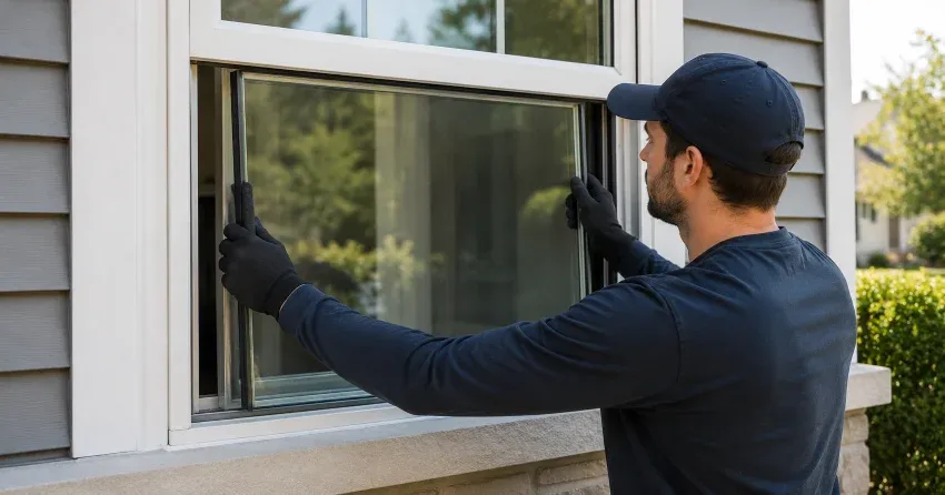 technician boarding up broken window during emergency glass repair Fairfield, Kitchener