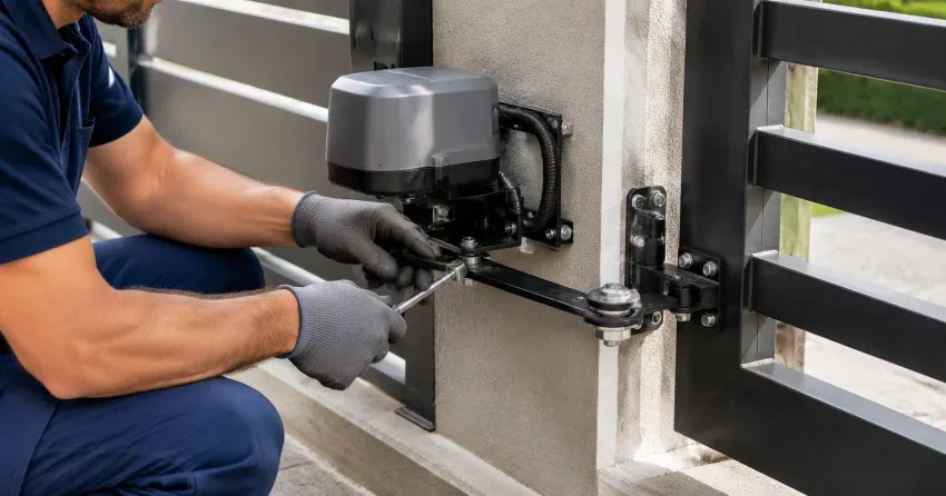 technician diagnosing automatic gate motor and control panel in Lower Doon, Kitchener