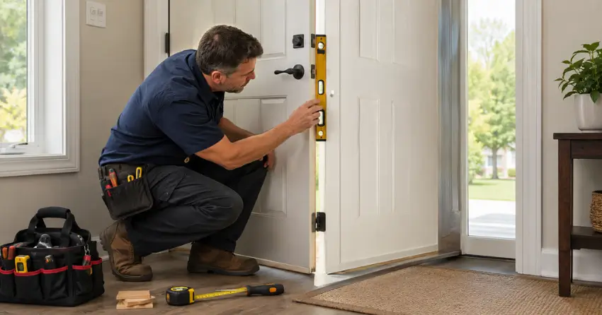 technician diagnosing a misaligned door frame in Kitchener