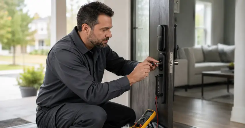 technician diagnosing automatic door lock mechanism on residential door in Lower Doon, Kitchener