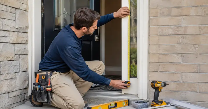 technician measuring door frame before storm door install in Westmount, Kitchener
