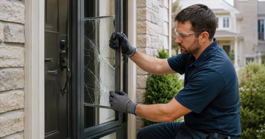 technician removing cracked storm door glass panel in Rosemount, Kitchener