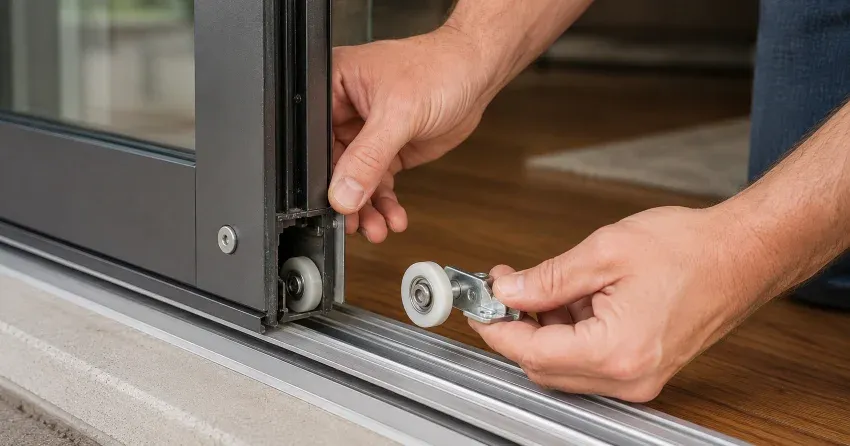 sliding door alignment Kitchener technician adjusting roller track