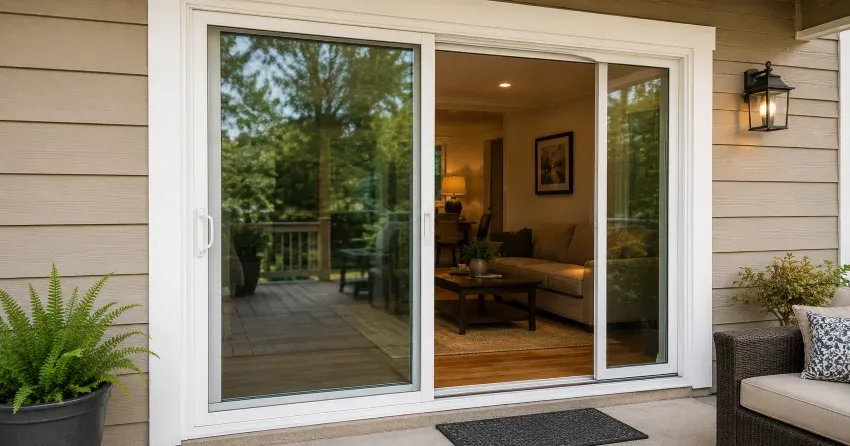 Patio Door Installation technician setting a new frame in Kitchener