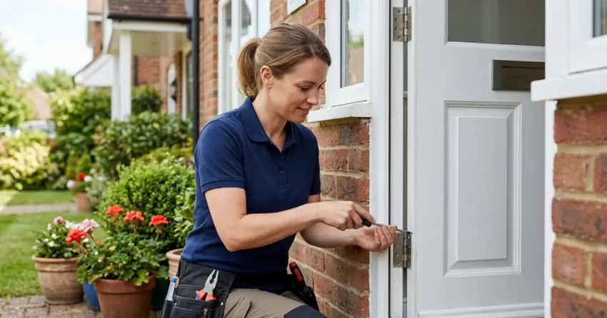 technician repairing exterior door hinge and frame in Alpine Village, Kitchener