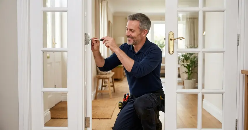 technician adjusting French door hinge for proper alignment in Alpine Village, Kitchener