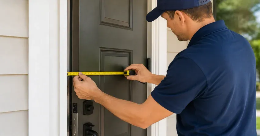 technician adjusting door hinge for alignment in Kitchener