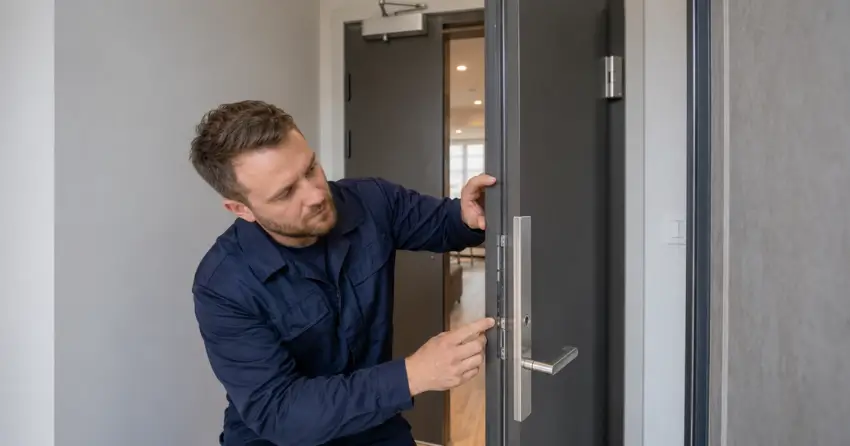 technician inspecting fire-rated door seal and hardware in Brigadoon, Kitchener