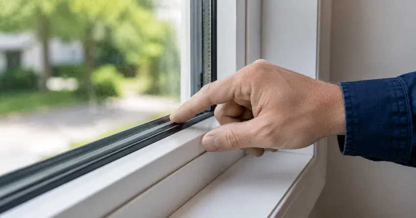 technician inspecting window glass seal in Kitchener