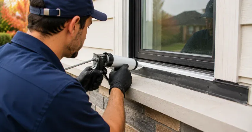technician inspecting window flashing for leak source in Kitchener