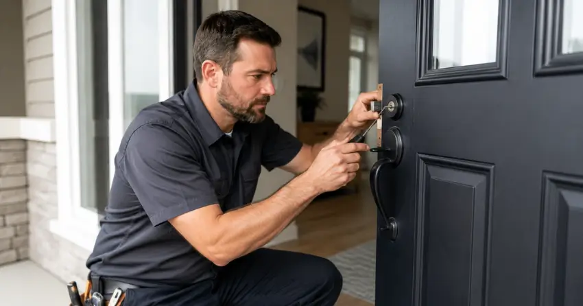 licensed locksmith technician working on residential deadbolt in Kitchener