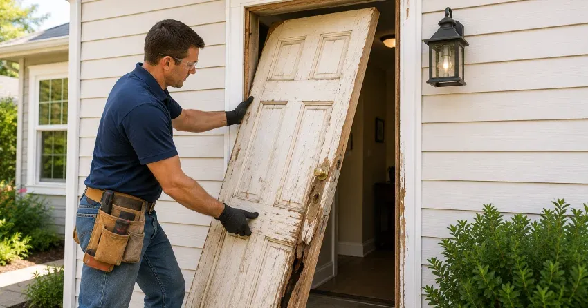 warped exterior door frame showing weather damage in Lower Doon, Kitchener
