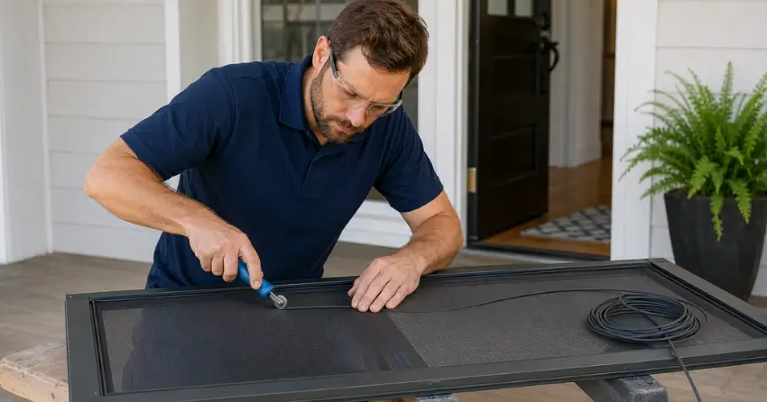 technician replacing screen door mesh and spline in Kitchener